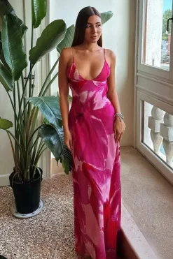Robe été longue à imprimé floral rose dos nu