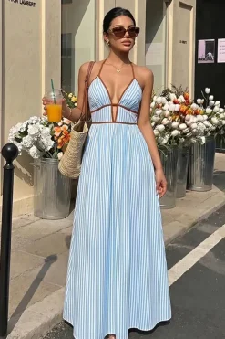 Robe été longue rayée avec dos nu américain