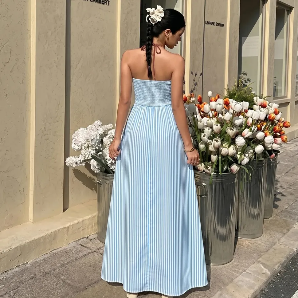 Robe été longue rayée avec dos nu américain