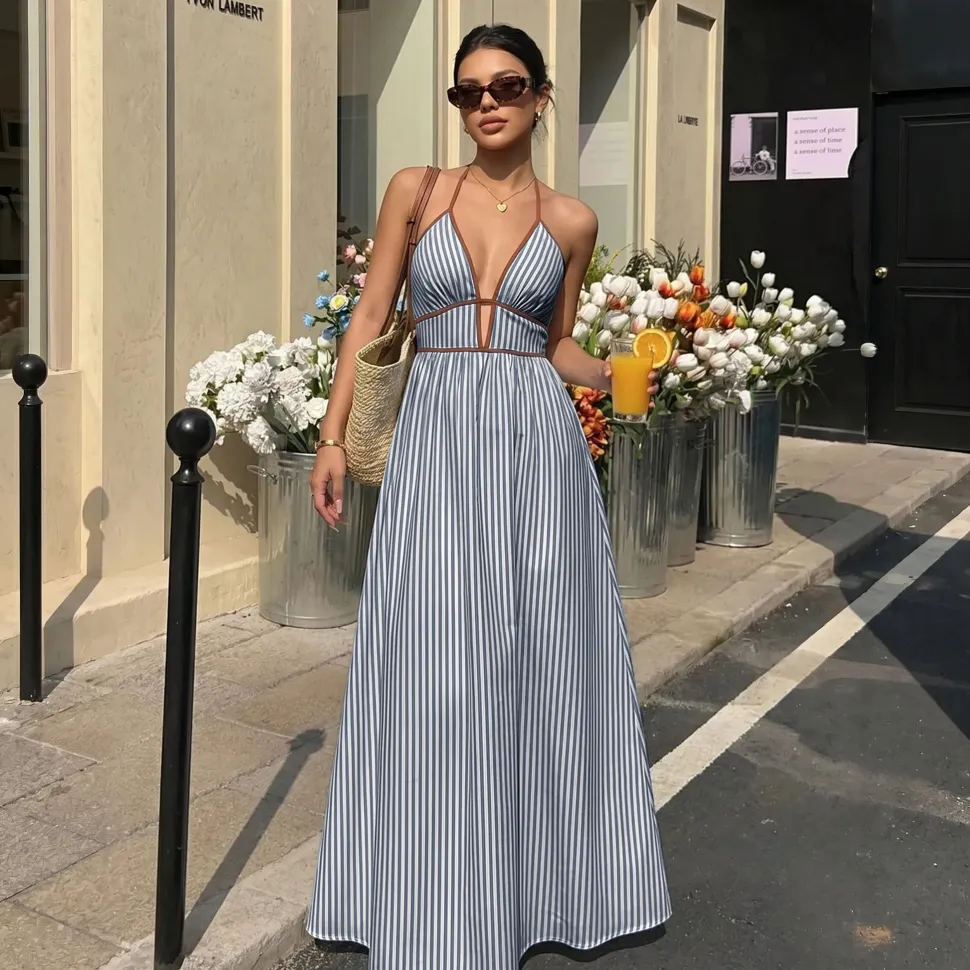 Robe été longue rayée avec dos nu américain