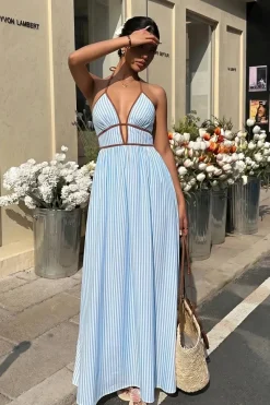 Robe été longue rayée avec dos nu américain