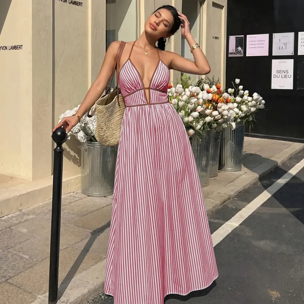 Robe été longue rayée avec dos nu américain