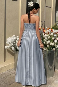 Robe été longue rayée avec dos nu américain