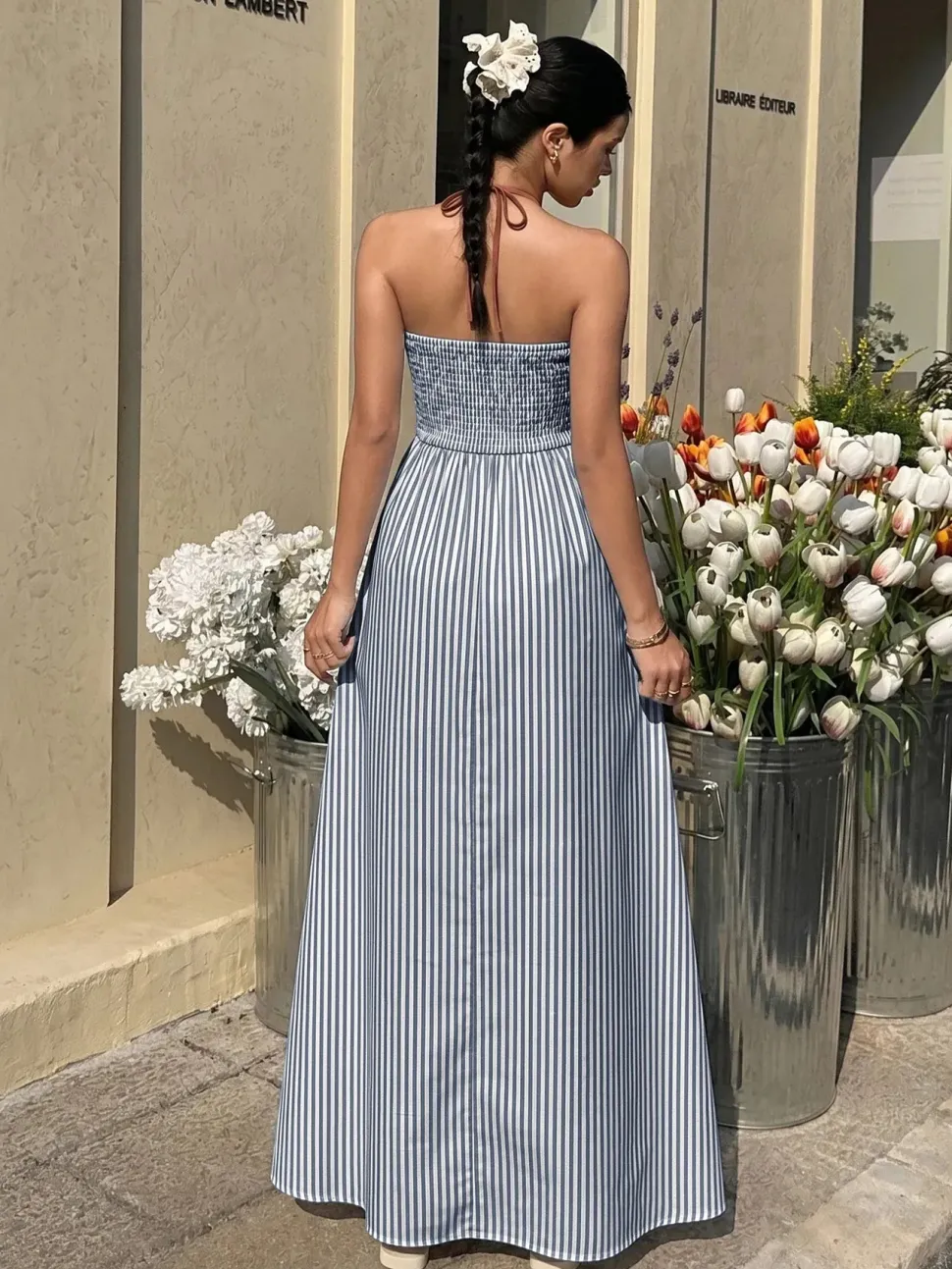 Robe été longue rayée avec dos nu américain