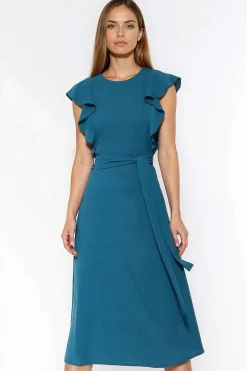 Robe trapèze bleue midi manches volants