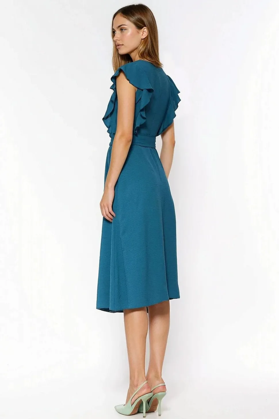 Robe trapèze bleue midi manches volants