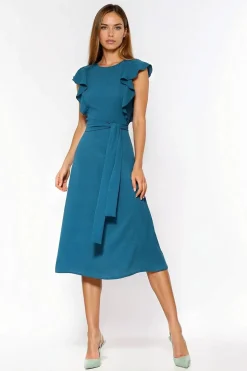 Robe trapèze bleue midi manches volants
