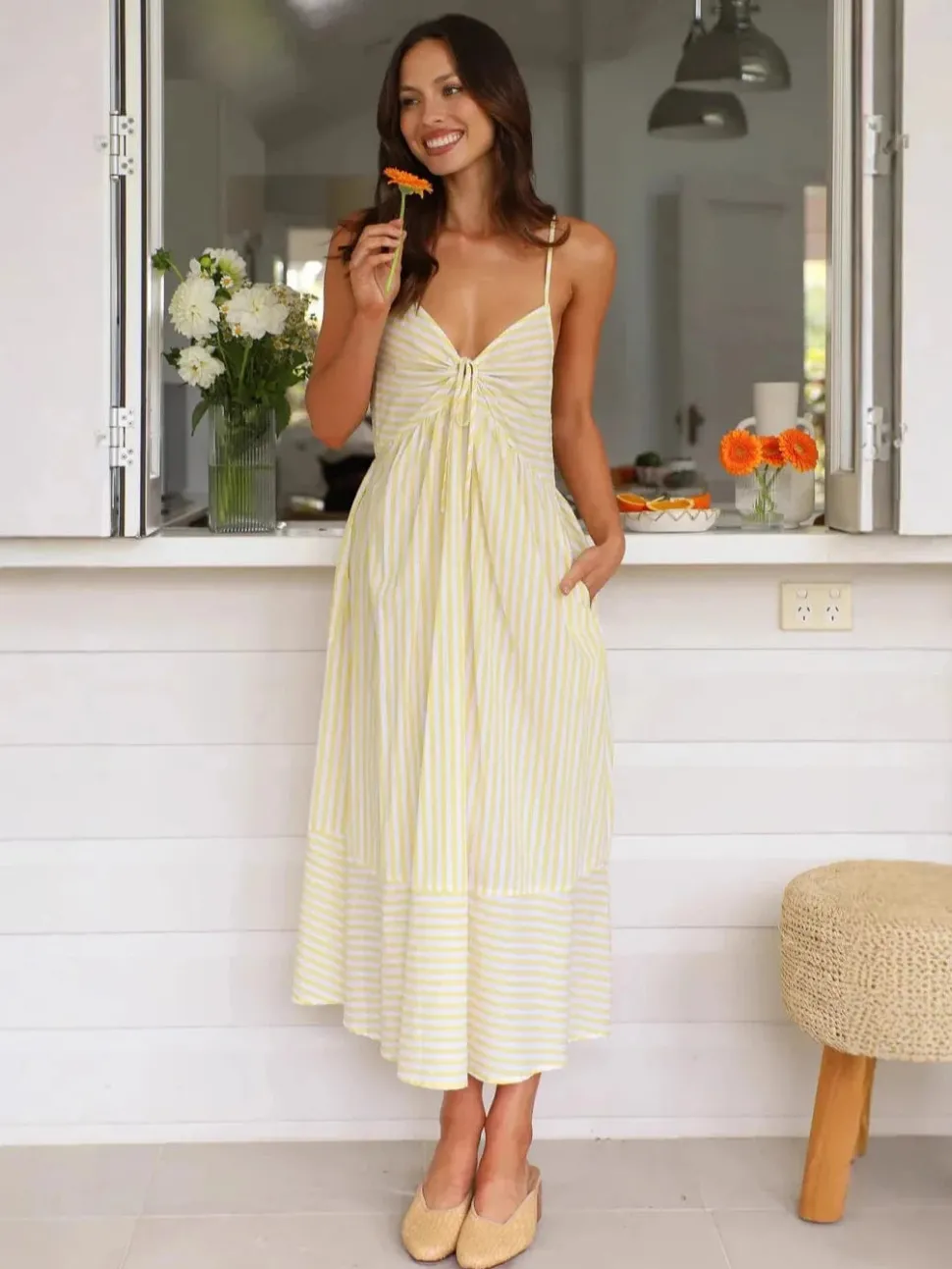 Robe été rayée midi à bretelles