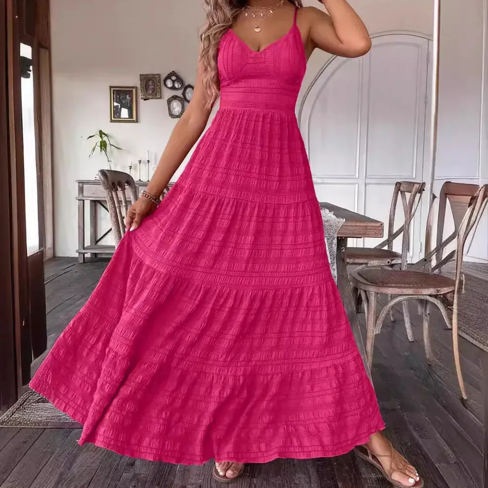 Robe été rose longue noeud romantique au dos