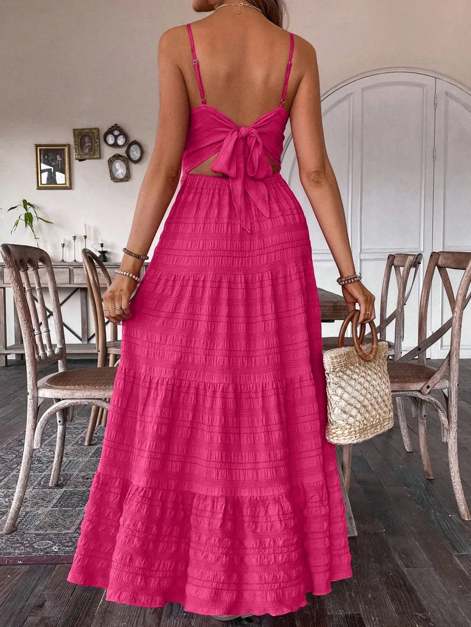 Robe été rose longue noeud romantique au dos