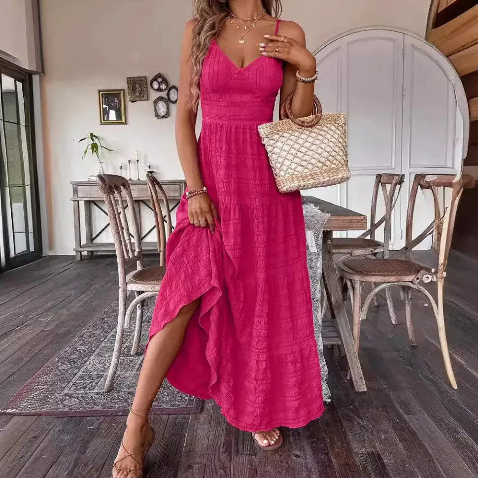 Robe été rose longue noeud romantique au dos
