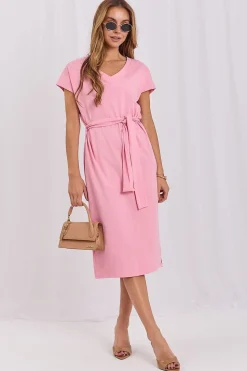 Robe été rose midi ceinturée