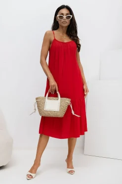 Robe été rouge midi à bretelles