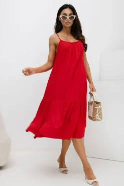 Robe été rouge midi à bretelles