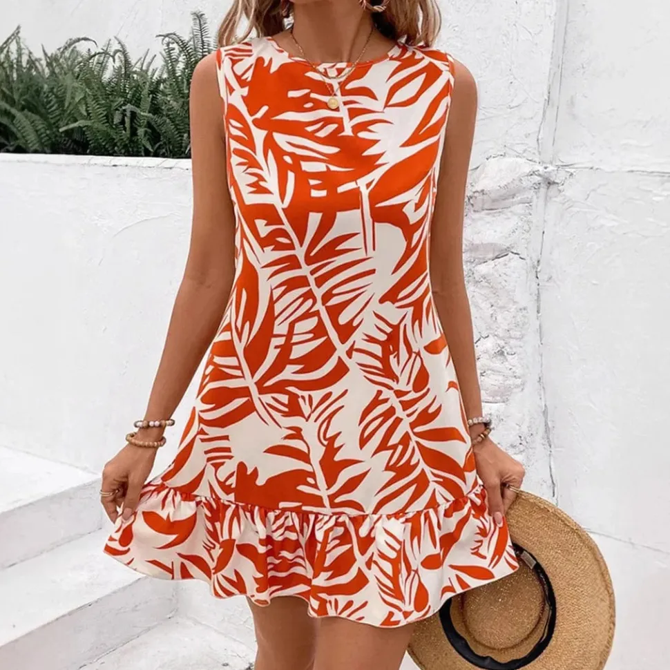 Robe été sans manches courte motif tropical