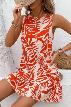 Robe été sans manches courte motif tropical