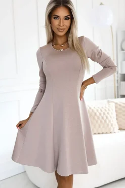 Robe évasée beige casual manches longues