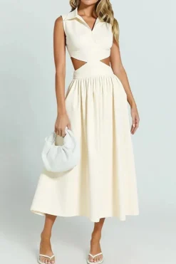 Robe évasée beige col chemise